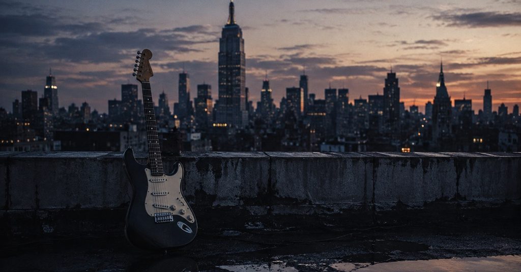 ジュリアン・カサブランカスとThe Strokesの魅力をイメージしたニューヨークの夕景とエレキギター