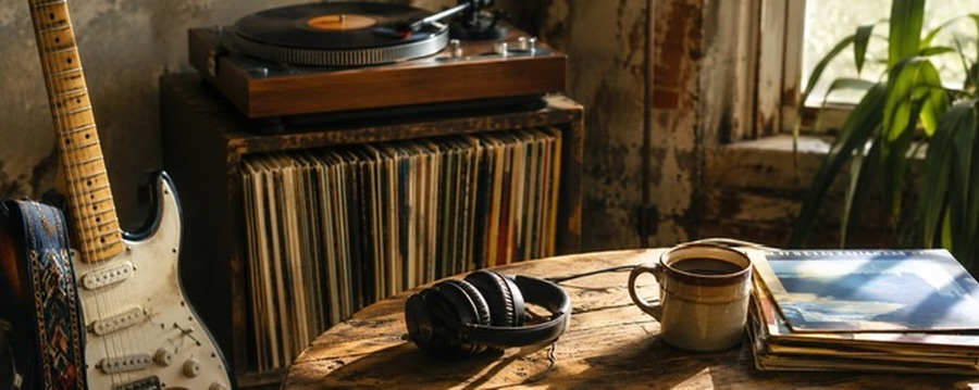 カート・ヴァイルの音楽を聴きながらくつろぐレコードとギターのある部屋